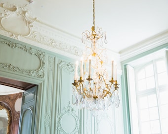 Turquoise Wall Art - Paris Photography Print - Chandelier at Musée Rodin - French Home Decor - Rococo Style Interior Photography
