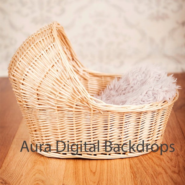 Digital Backdrop, small baby basket (or bassinet) on a vintage background