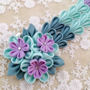 Teal kanzashi flower hair clip/Japanese hair accessories/Oriental hair clip/Geisha hair accessories/Teal and lilacflower hair clip