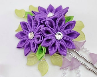 Purple Kanzashi fabric flower hair fork.  Purple kanzashi flower hair U pin. Japanese hair fork. Kanzashi hair stick. Oriental hair pin.