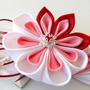 Kanzashi Flower hair clip with falls. Red pink white fabric flower. Red pink white kanzashi. Red pink Japanese hair piece. Geishas clip image 2