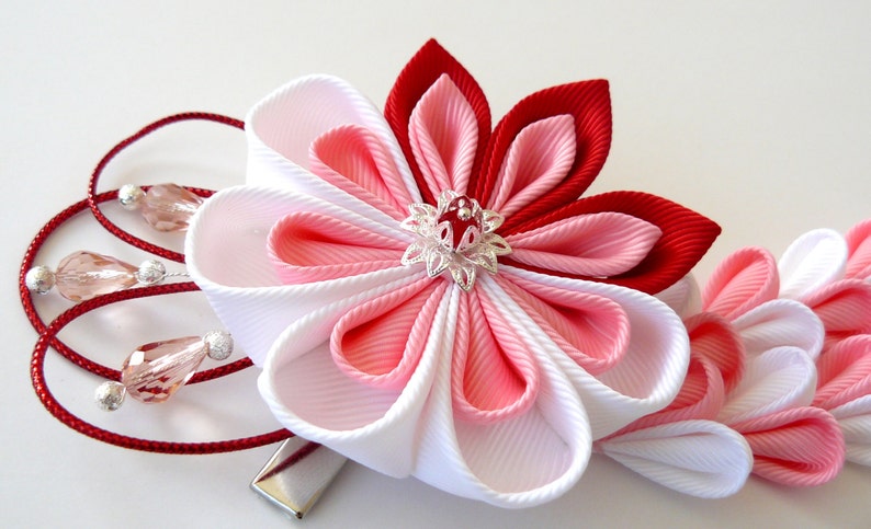 Kanzashi Flower hair clip with falls. Red pink white fabric flower. Red pink white kanzashi. Red pink Japanese hair piece. Geishas clip image 2