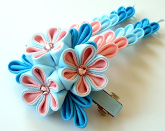 Kanzashi fabric flower french barrette.  Pink, blue and turquoise. Kanzashi hair clip with falls. Kanzashi with dangles.