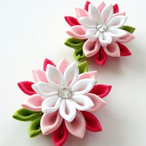 Kanzashi  Fabric Flowers. Set of 2 hair clips. Pink and white.