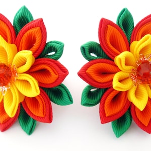 Kanzashi fabric flowers, yellow, orange, red and emerald. Set of 2 ponytails.