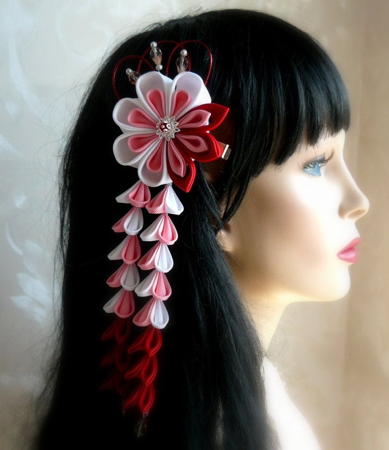 Kanzashi Flower hair clip with falls. Red pink white fabric flower. Red pink white kanzashi. Red pink Japanese hair piece. Geishas clip image 3