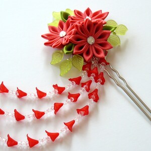 Coral Red Kanzashi fabric flower hair fork. Red kanzashi flower hair U pin. Japanese hair fork. Kanzashi hair stick. image 2