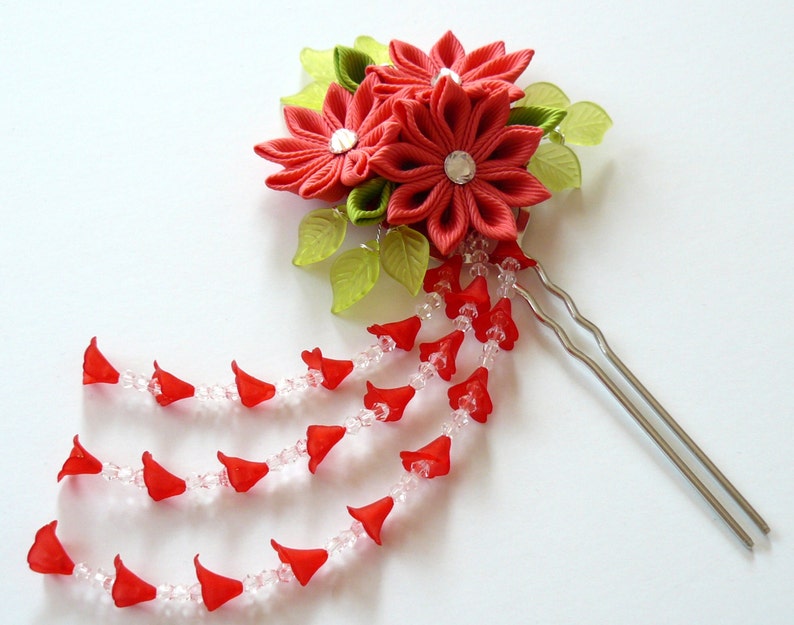 Coral Red Kanzashi fabric flower hair fork. Red kanzashi flower hair U pin. Japanese hair fork. Kanzashi hair stick. image 2