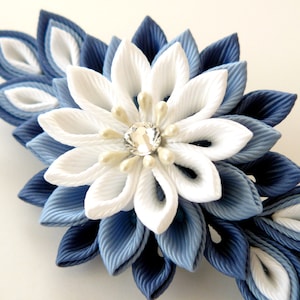 Kanzashi fabric flower french barrette. Blue and white. image 3