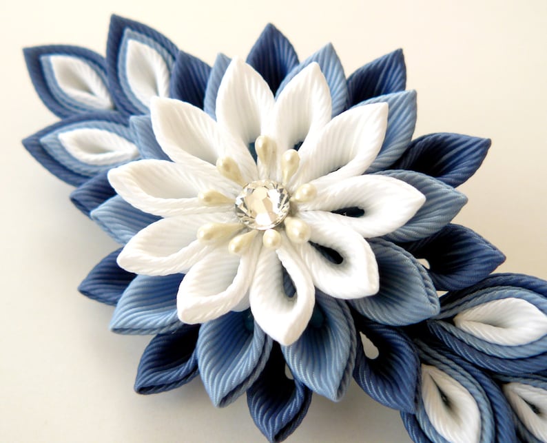 Kanzashi fabric flower french barrette. Blue and white. image 3