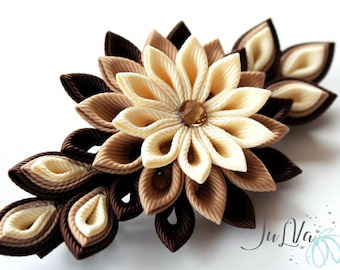 Kanzashi fabric flower french barrette. Shades of brown.Brown flower barrette.Brown kanzashi hair clip.