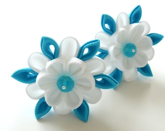 Kanzashi fabric flowers. Set of 2 ponytails . White and turquoise.