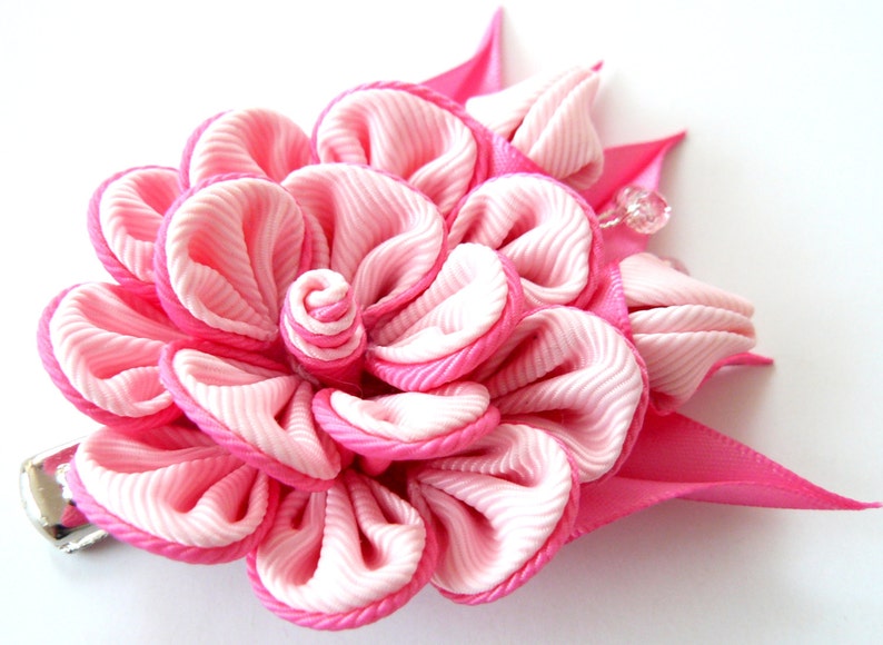 Kanzashi fabric flower hair clip, Pink fabric flower. image 1