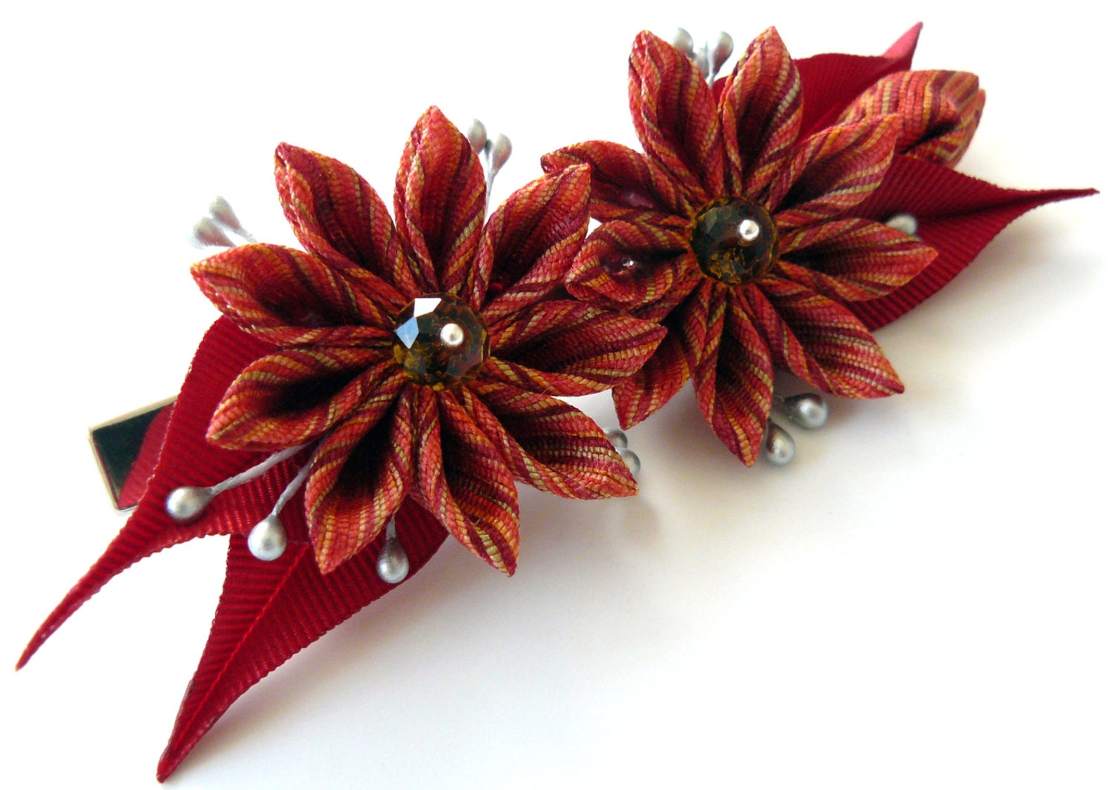Kanzashi Fabric Flower Hair Clip. Red Kanzashi. Red Flower Etsy