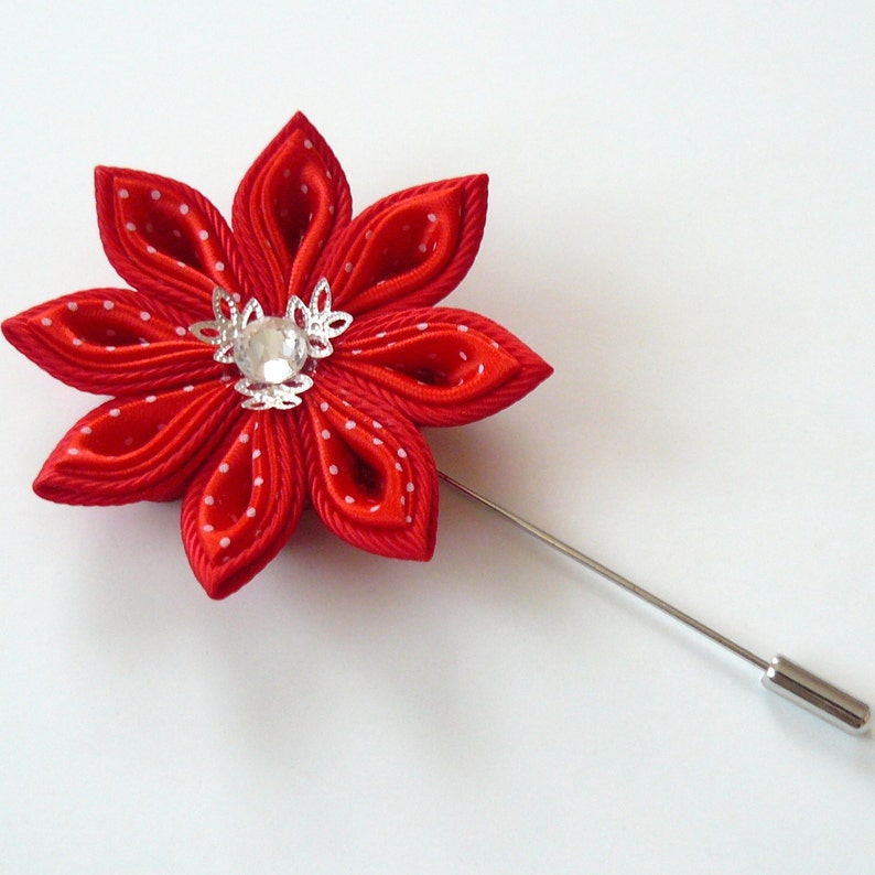 Kanzashi fabric flower brooch . Red kanzashi flower lapel Etsy