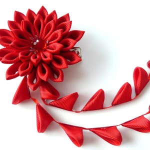 Red Kanzashi Fabric Flower hair clip with falls. Red geishas hair piece. Japanese hair clip. Red hair piece.