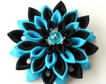 Kanzashi  fabric flower brooch . Black and turquoise flower brooch. Black and turquoise kanzashi brooch. Handmade flower brooch.