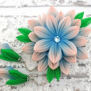 Japanese Kimono hair clip-Blue flower hairpiece-Lotus flower hair clip-Kanzashi flower hair clip