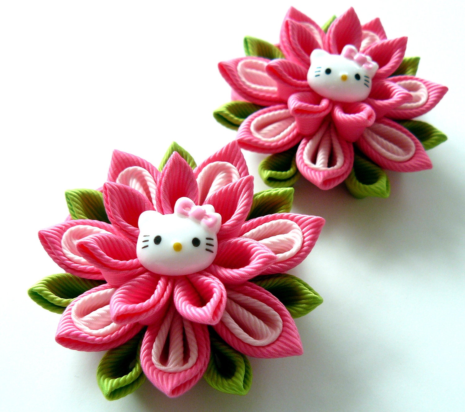 Kanzashi fabric flowers. Set of 2 ponytails . Hot pink lt. Etsy