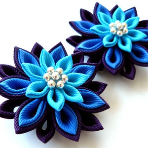 Kanzashi  Fabric Flowers. Set of 2 hair clips. Shades of blue and plum . Hair clips with kanzashi flowers.