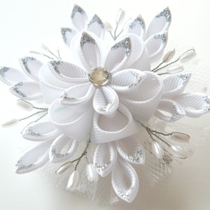 Christmas Snowflake Kanzashi fabric flower hair clip. White and silver. image 1