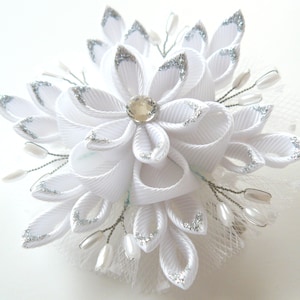 Christmas Snowflake  Kanzashi fabric flower hair clip. White and silver.