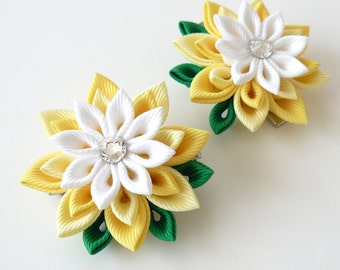 Kanzashi  Fabric Flowers. Set of 2 hair clips. Yellow and white hair clips. Yellow girl's hair clips. Kanzashi hair clips.