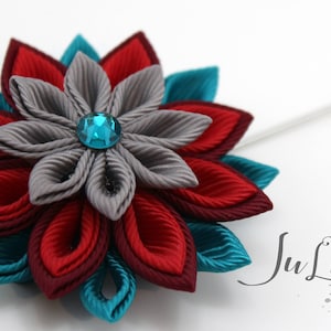 Red and grey Mens Flower Lapel Pin-Kanzashi flower lapel pin-Red floral lapel pin-Boutonniere Lapel Pin-Handmade Wedding Boutonniere.
