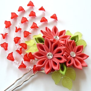 Coral Red Kanzashi fabric flower hair fork.  Red kanzashi flower hair U pin. Japanese hair fork. Kanzashi hair stick.