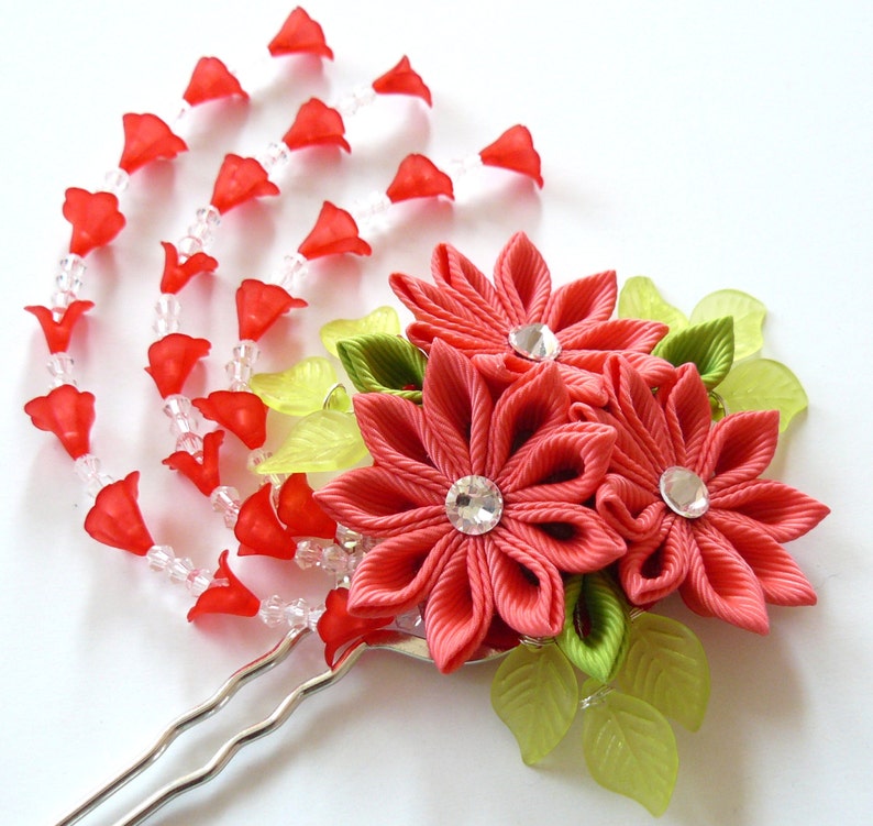 Coral Red Kanzashi fabric flower hair fork. Red kanzashi flower hair U pin. Japanese hair fork. Kanzashi hair stick. image 1