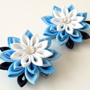 Kanzashi  Fabric Flowers. Set of 2 hair clips. Blue and white hair clips. Girl's hair clips.  Kanzashi hair clips. Blue girl's hair clips.