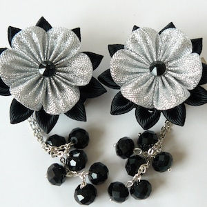 Kanzashi  Fabric Flowers. Set of 2 hair clips. Black and silver. Gothic Hair Clip Black silver flower hair clips