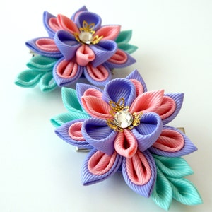 Kanzashi  Fabric Flowers. Set of 2 hair clips. Pink, iris and mint.