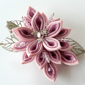 Kanzashi fabric flower hair clip,Pink kanzashi,Shiny Pink flower hair clip, Japanese hair piece,Oriental hair clip,Light pink flower clip