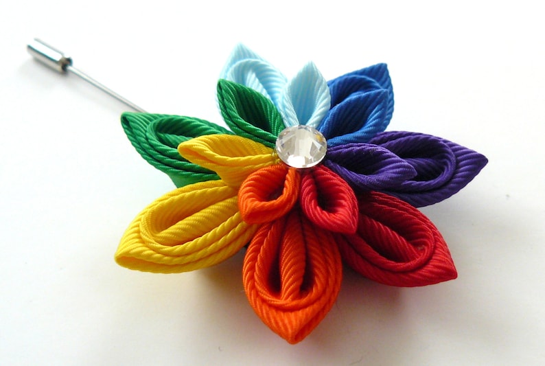 LGTB pride boutonniere. Rainbow kanzashi flower lapel pin. Boutonniere lapel pin. Rainbow flower boutonniere. Mens lapel pin.Gay Pride Pin image 1