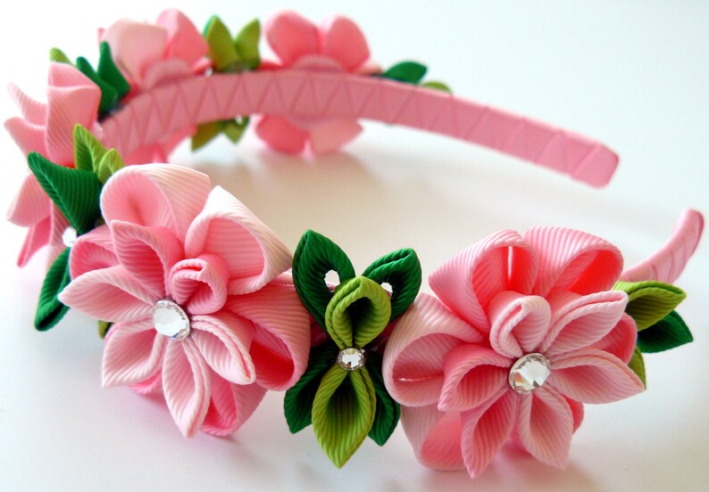 Kanzashi Fabric Flower Headband. Pink Flower Crown Headband. Etsy