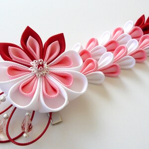 Kanzashi Flower hair clip with falls. Red pink white fabric flower. Red pink white kanzashi. Red pink Japanese hair piece. Geishas clip image 4