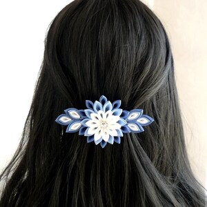 Kanzashi fabric flower french barrette. Blue and white. image 4