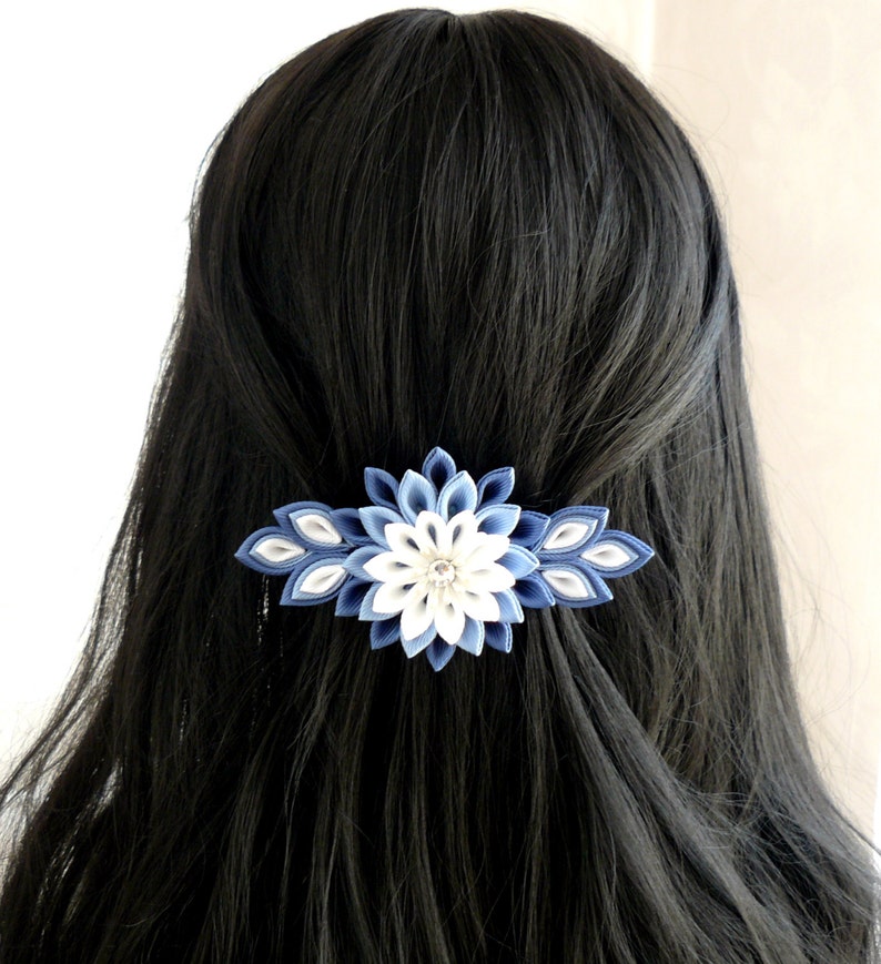 Kanzashi fabric flower french barrette. Blue and white. image 4