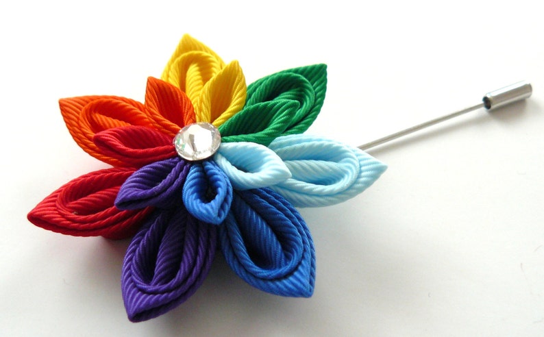 LGTB pride boutonniere. Rainbow kanzashi flower lapel pin. Boutonniere lapel pin. Rainbow flower boutonniere. Mens lapel pin.Gay Pride Pin image 2