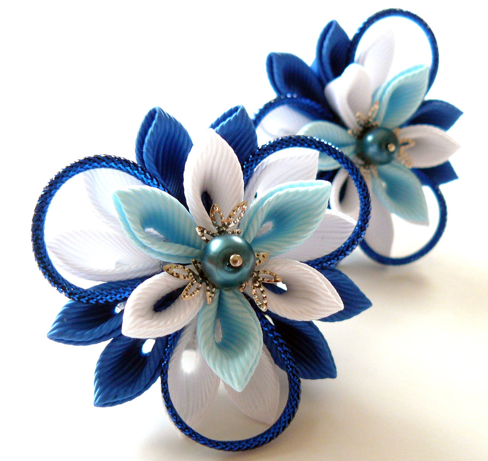 Kanzashi Fabric Flowers. Set of 2 Ponytails . Blue and White. Etsy