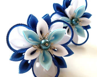 Kanzashi fabric flowers. Set of 2 ponytails . Blue and white.