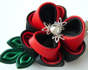 Kanzashi fabric flower hair clip. Red and black.