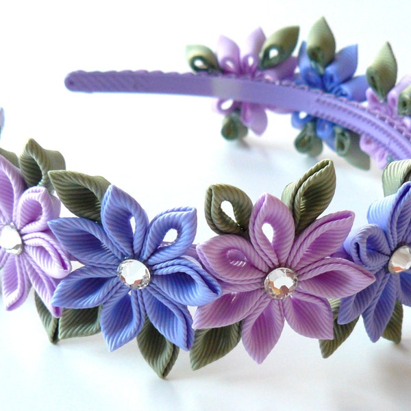 Serre-tête orchidée et iris en tissu Kanzashi. .