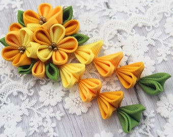 Gold yellow kanzashi flower hair clip/Japanese hair accessories/Oriental hair clip/Geisha hair accessories/Yellow gold flower hair clip