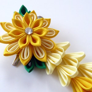 Yellow Green Kanzashi Fabric Flower hair clip with falls. Yellow and green fabric flower.