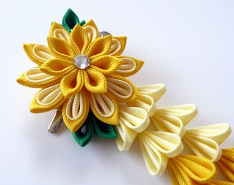 Yellow Green Kanzashi Fabric Flower hair clip with falls. Yellow and green fabric flower.