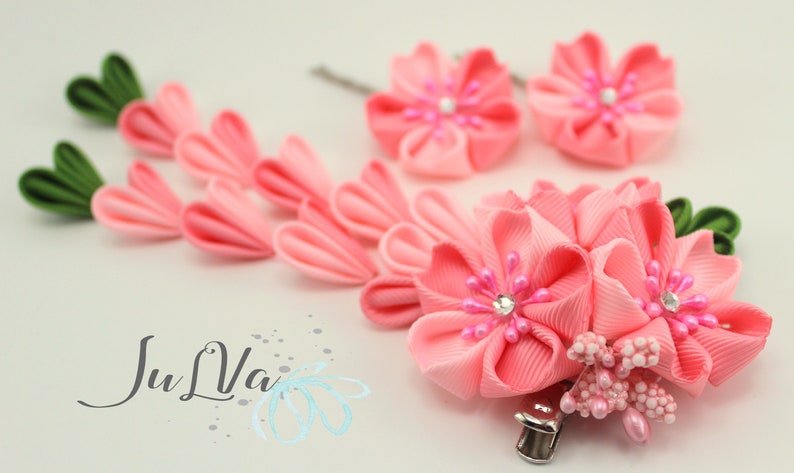 Kanzashi flower hair clip,Pink kanzashi flowers,Japanese pink hair piece,Hair clip with pink flowers,Cherry blossom flower hair piece image 3