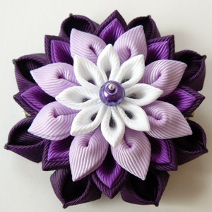 Kanzashi  fabric flower hair clip. Plum, purple, orchid and white.