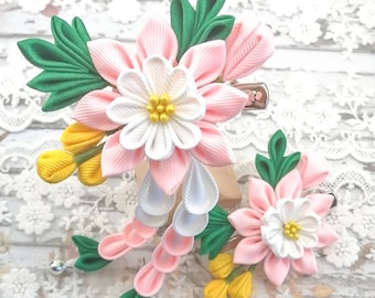 Pink Kanzashi Hair Clip: Tsumami Flower Kimono Accessory